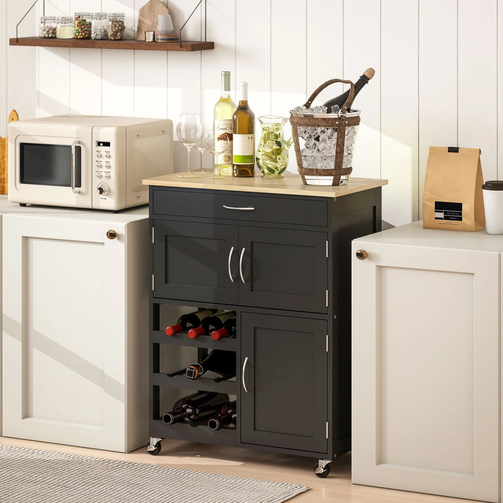 Carrello Portabottiglie da Cucina in Legno con Ante e Cassetto ¨C Zephmum ¨C Nero e Rovere 67x37x87 cm