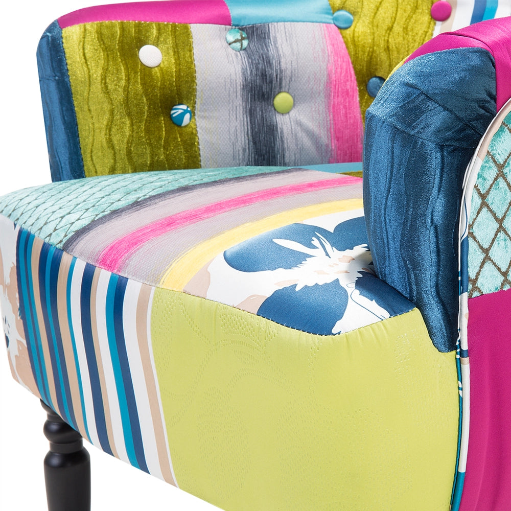 Poltrona Multicolore Tessuto Blu Patchwork Sedia Club Bottone Gambe In Legno capitonné
