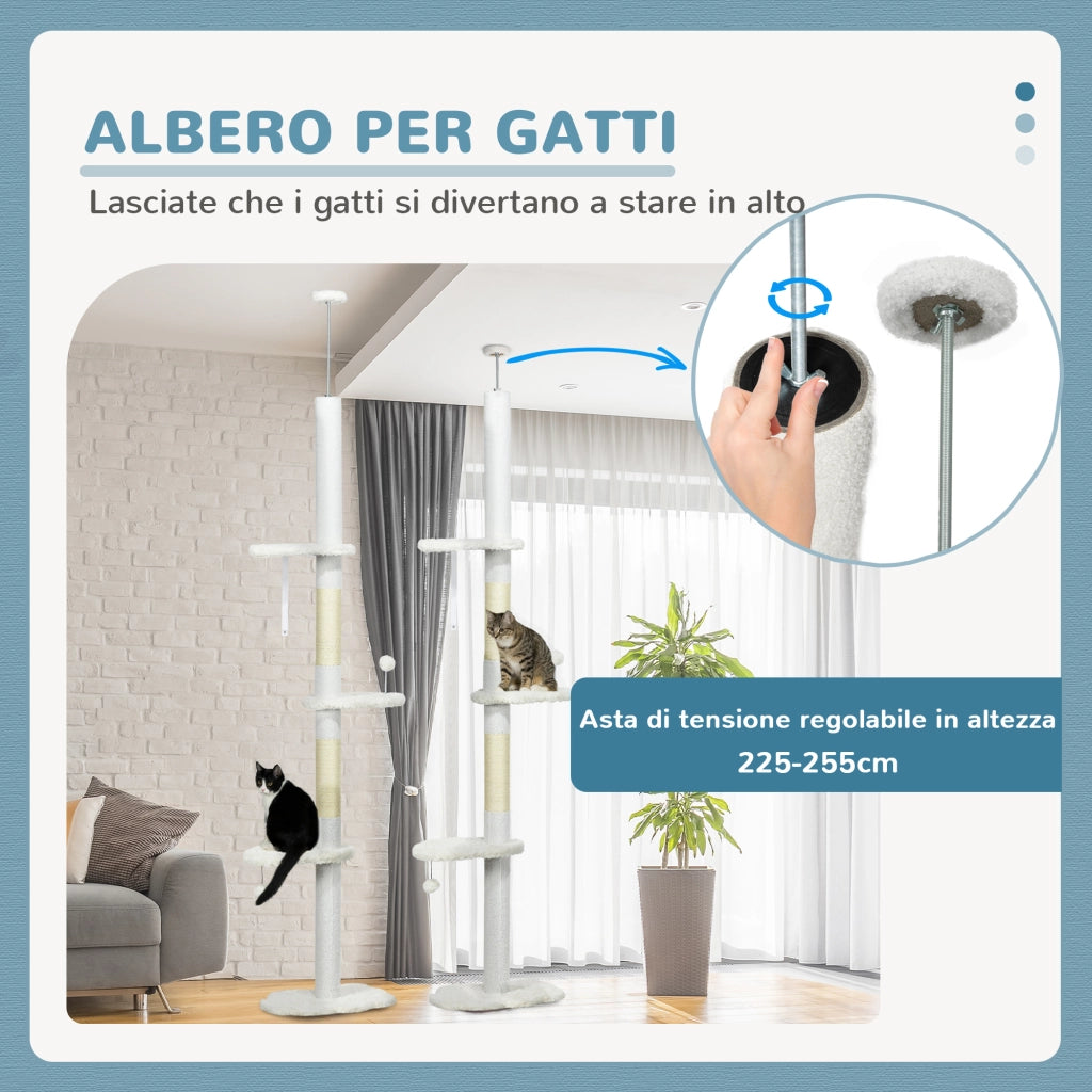 Tiragraffi per Gatti da Soffitto ¨C Xylo ¨C Regolabile 225-255 cm Sisal Bianco