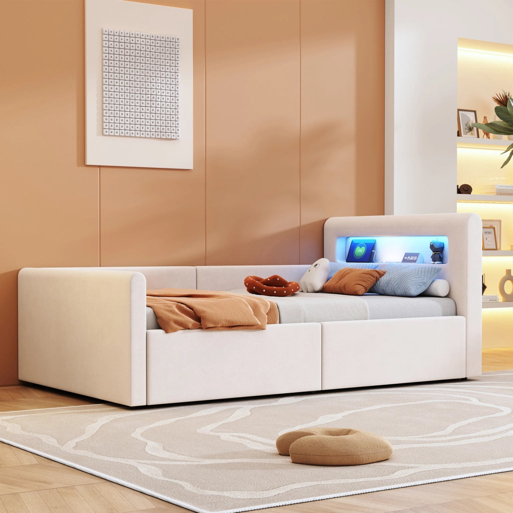 letto imbottito velluto beige 90 x 200 cm