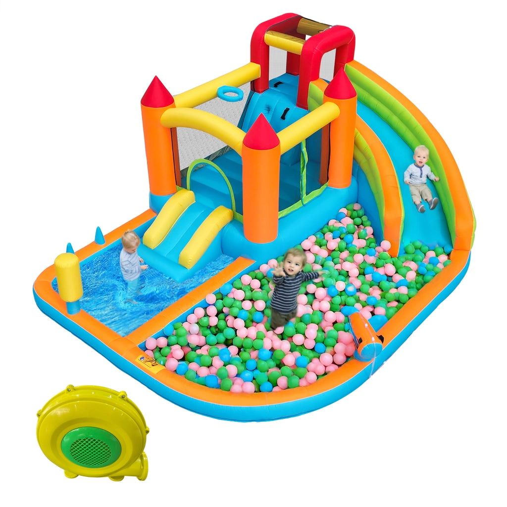 [Castello gonfiabile multifunzionale per esterni] Con soffiatore, scivolo acquatico + trampolino + canestro da basket + pistola ad acqua, 2 aree