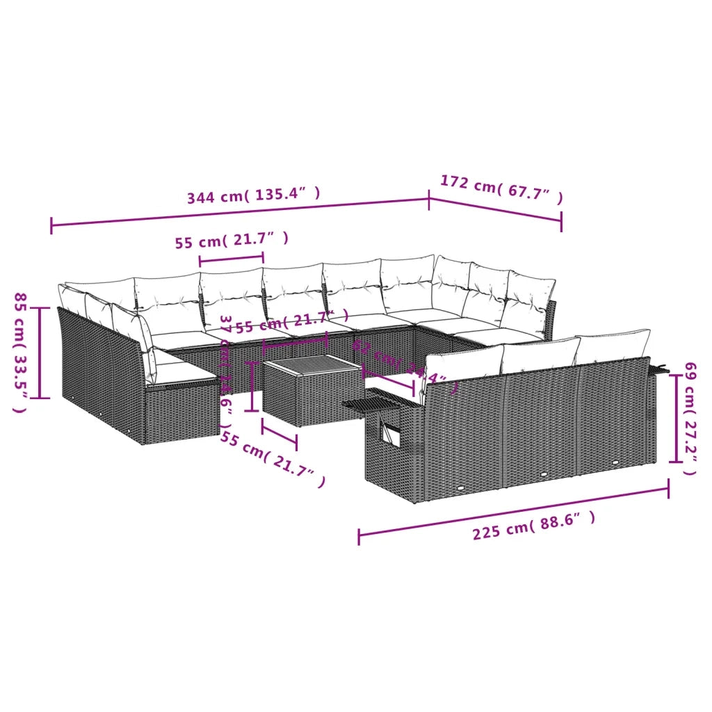 Set Divani da Giardino 14pz con Cuscini in Polyrattan Beige