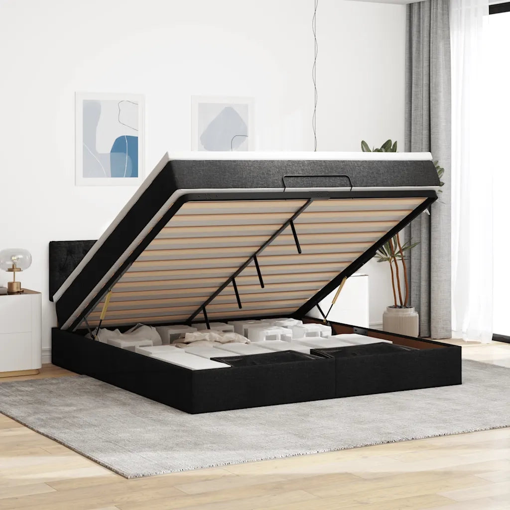 Struttura Letto Pouf con Materasso Nero 160x200 cm in Tessuto 3312404