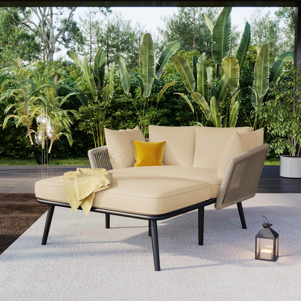 Lettino Prendisole Da Giardino 2 Posti con Cuscini Sfoderabili; Schienale Intrecciato; Acciaio; Kaki