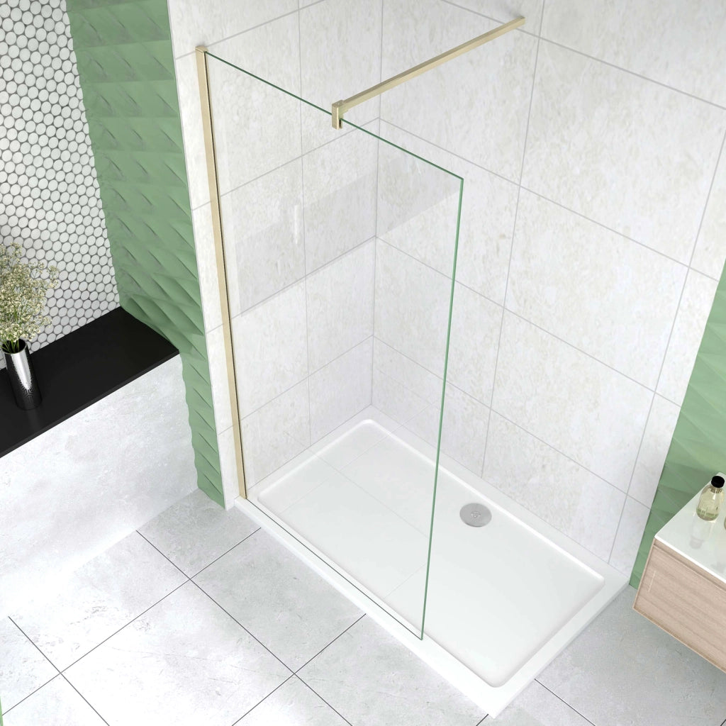 Box Doccia Walk In 80x200 cm Parete Fissa Vetro 10 mm Trasparente Anticalcare Oro Spazzolato Barra Stabilizzatrice 140 cm