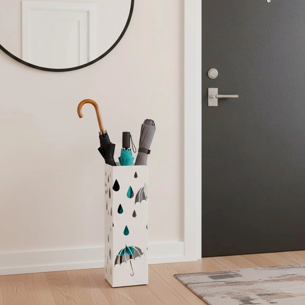 Portaombrelli In Acciaio Zincato Con Base Antiscivolo Vaschetta Scolapioggia E 2 Ganci Removibili Design Moderno Per Ingresso Casa E Ufficio 49 X 15.5 X 15.5 Cm Bianco