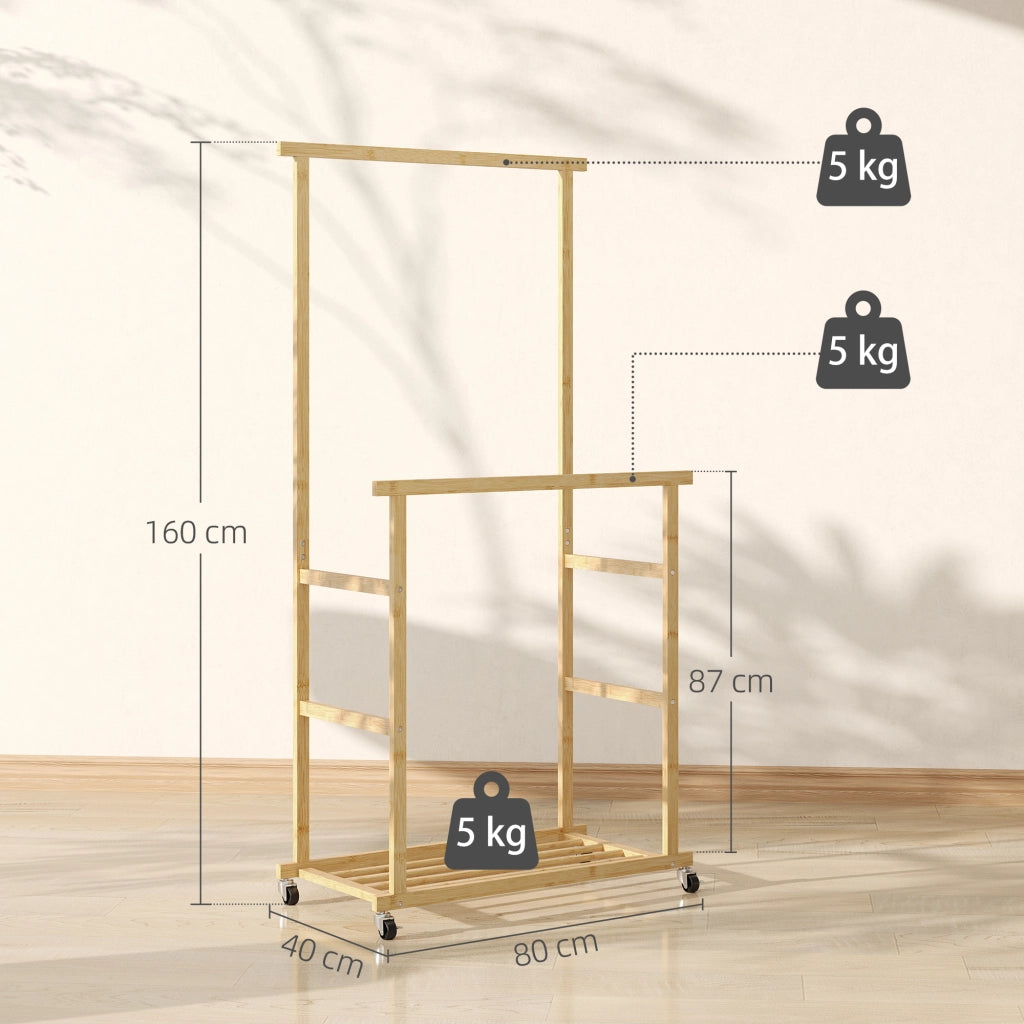 Appendiabiti con Ruote in Bamb¨´ ¨C Xylo ¨C Doppia Barra con Ripiano 80x40x160cm Legno Naturale