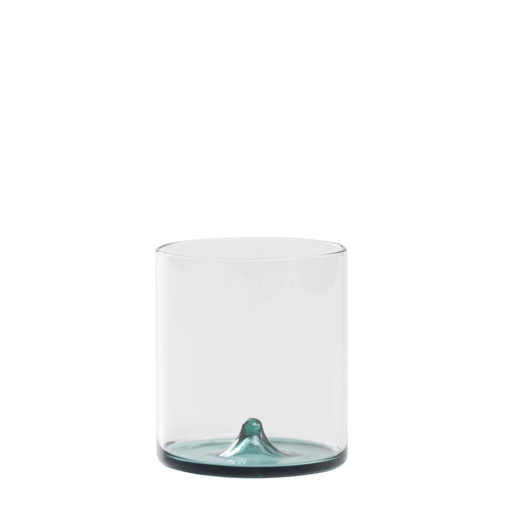 Set di 4 Tumbler Discobolo in Vetro Borosilicato Soffiato a Mano, Capacità 34,5 cl, Design Trasparente con Fondello Verde Lago per Tavole Raffinate