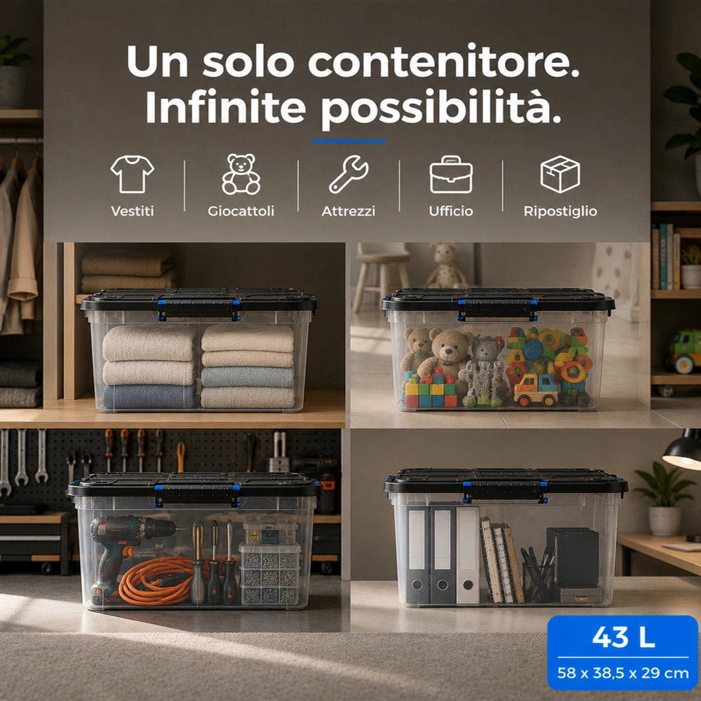 Set 4 Pezzi Contenitori con Coperchio Storage Box Solid Cargo 43L 58x38.5x29 cm