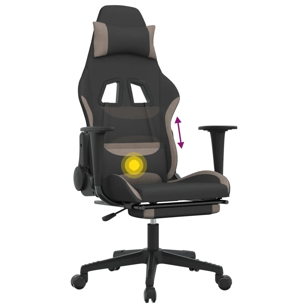 Sedia da Gaming Massaggio e Poggiapiedi Tessuto Nero e Tortora 345503