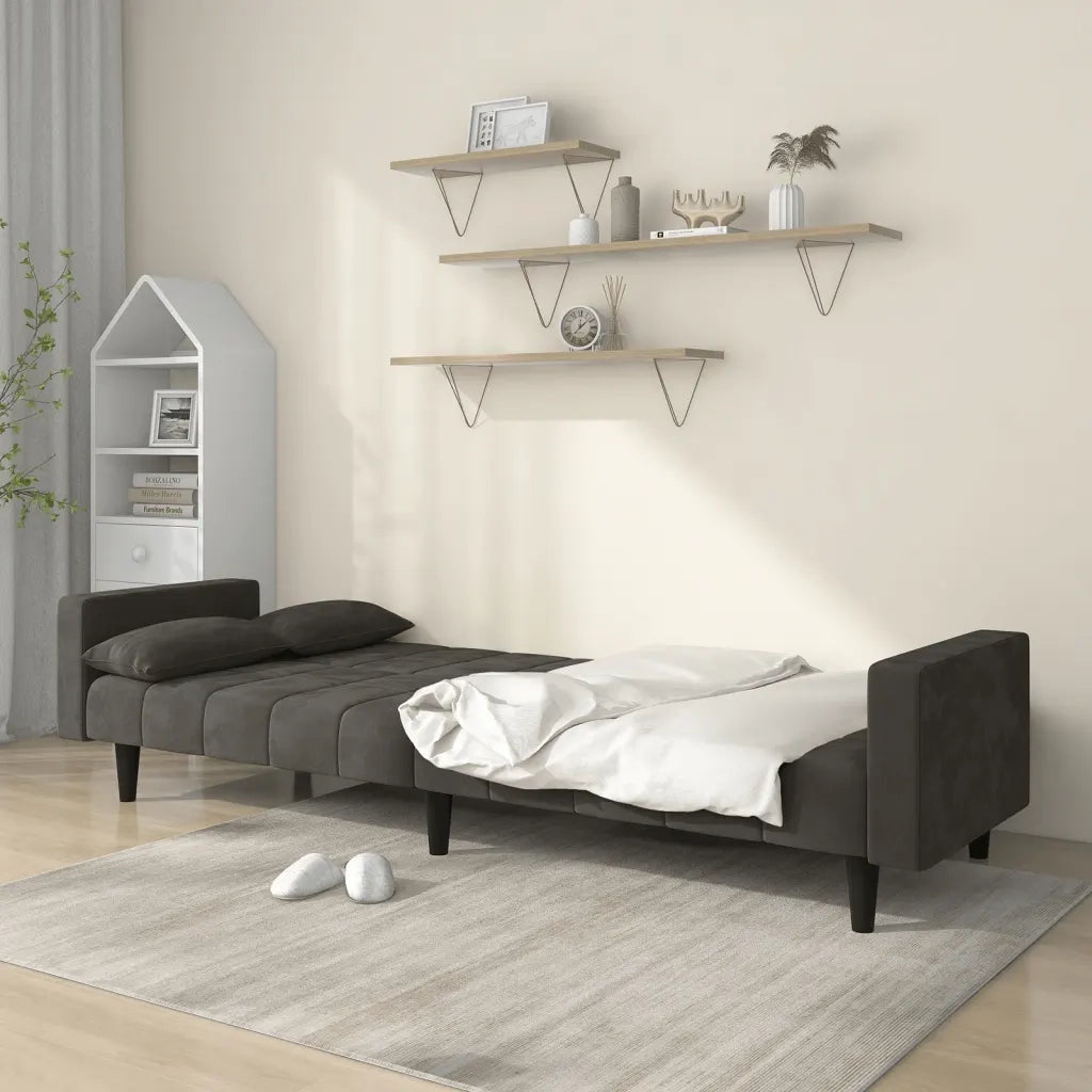 Divano Letto a 2 Posti con 2 Cuscini Grigio Scuro in Velluto 375848