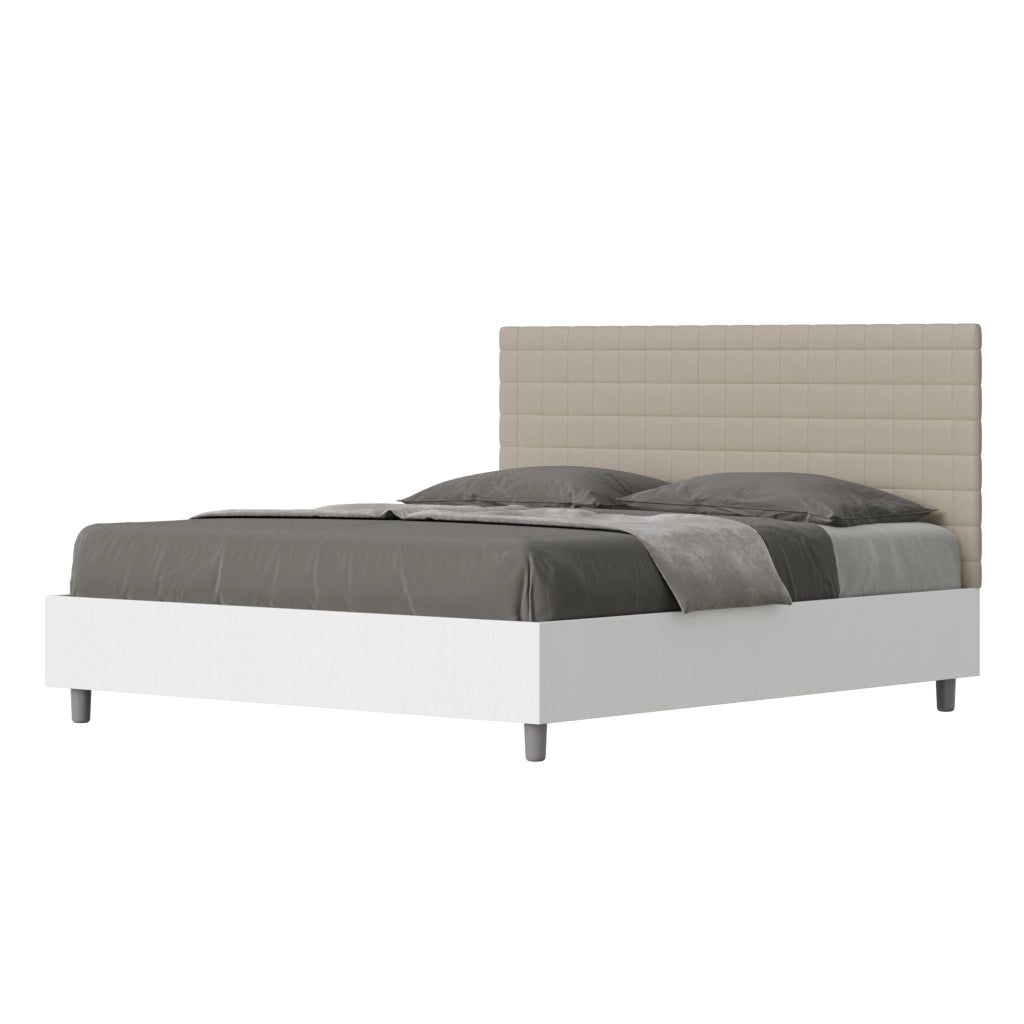 BS COM Letto matrimoniale senza rete 160x190 bianco frassino testata similpelle tortora