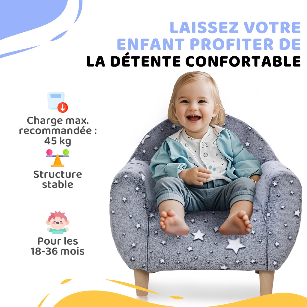 Poltrona per bambini ¨C Minimal ¨C grigio, velluto, con stelle fosforescenti