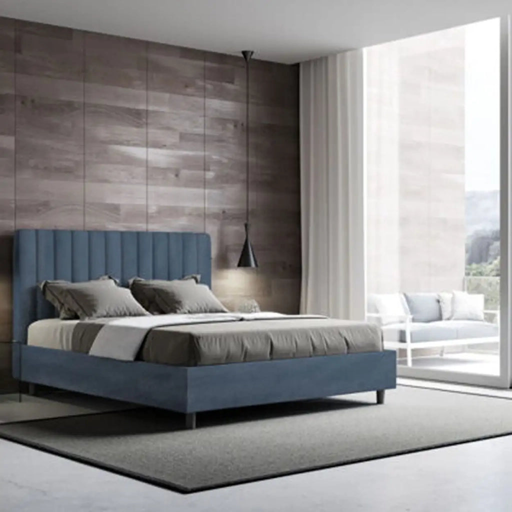 Letto matrimoniale con rete imbottito 160x200 microfibra blu Agueda
