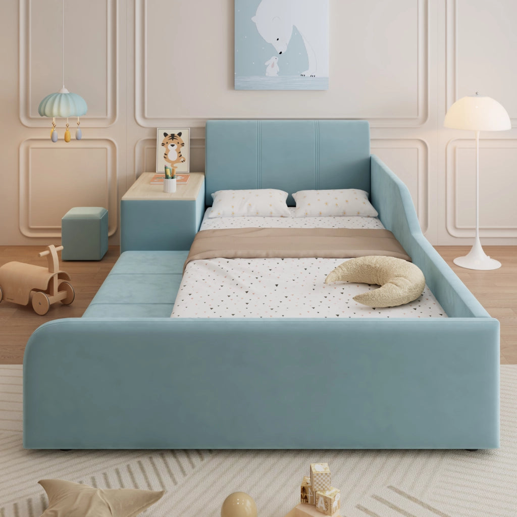 LETTO Singolo imbottito 90x200 cm con scrivania e sgabello in velluto blu