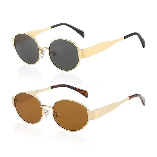 Due Occhiali da Sole - Forma Ovale Retro - Brillante con Fodere in Oro e Capelli Grigi - Protezione UV - Leggeri e Pratici per Viaggi - Disegno Unico e Comodo