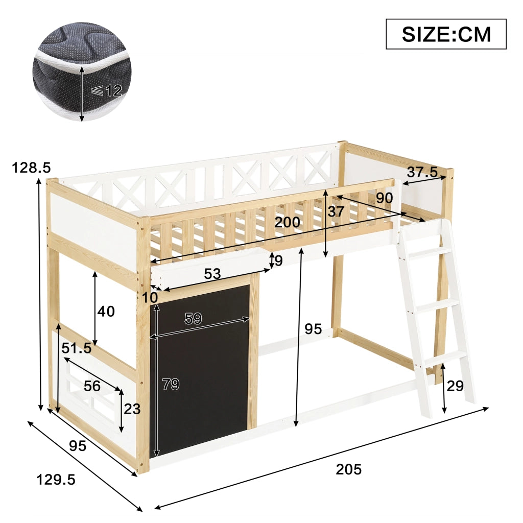 LETTO A CASTELLO PER BAMBINI 90x200 cm, Legno e MDF, Bianco/Naturale