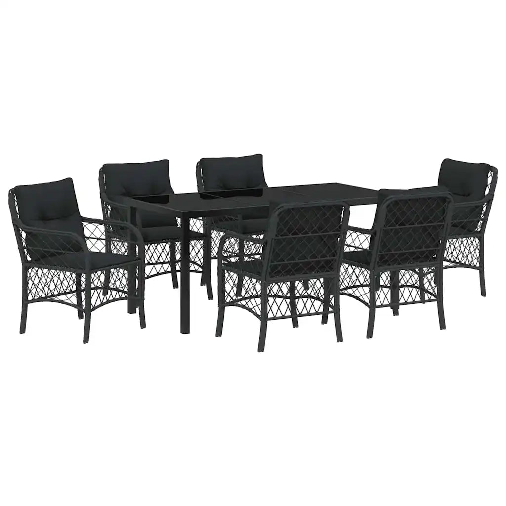 Set da Pranzo per Giardino con cuscino 7 pcs Nero polyrattan