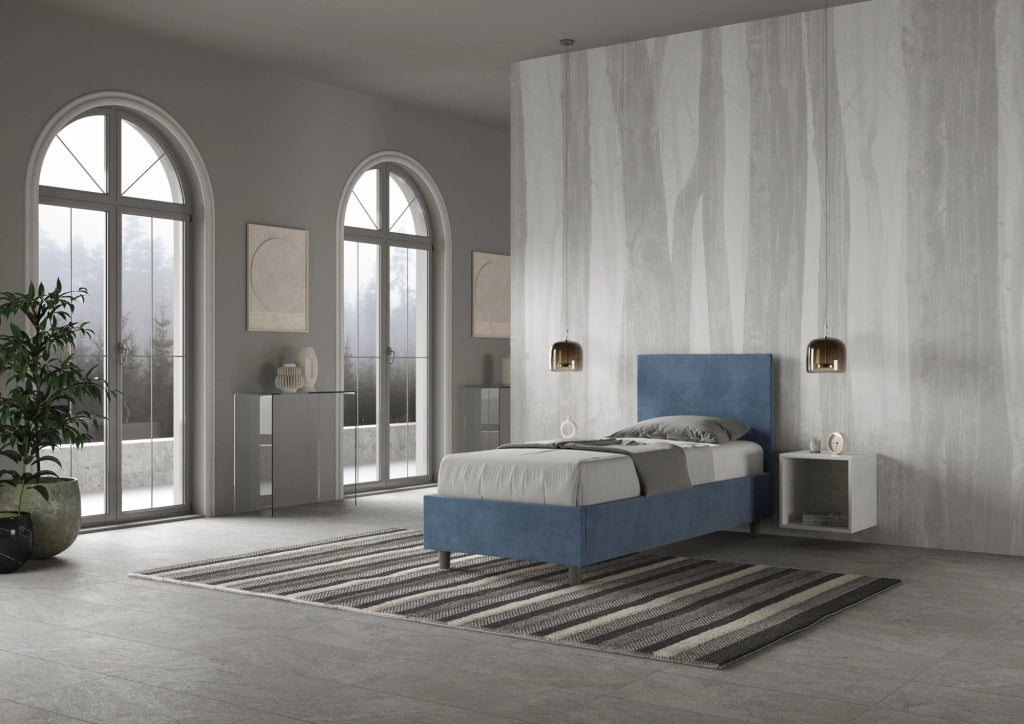 BS COM Letto singolo contenitore imbottito 90x190 microfibra blu
