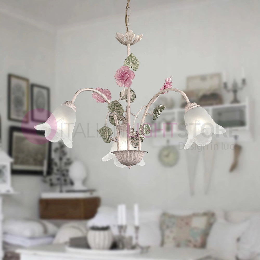SPRING Lampadario in Ferro Decorato a 3 Luci Stile Floreale