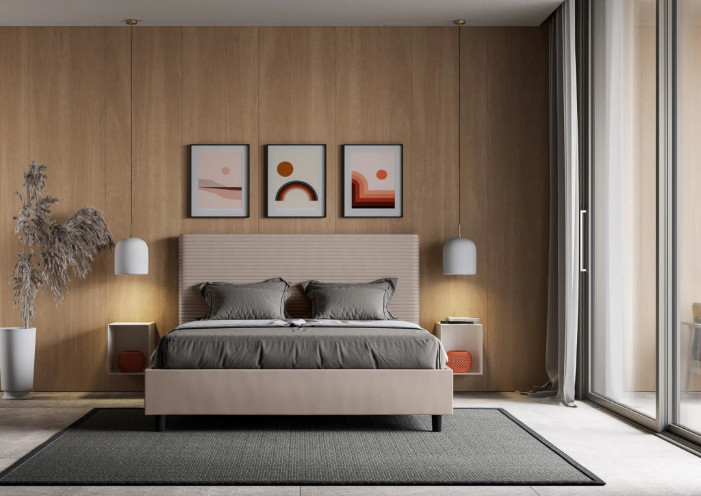 BS COM Letto matrimoniale francese contenitore imbottito 140x210 similpelle tortora
