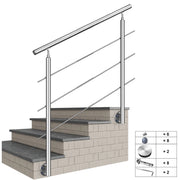 Ringhiera Balaustra Corrimano in acciaio inox 304 spazzolato per scale 120 cm, 3 barre trasversali, fissaggio laterale, per interni ed esterni