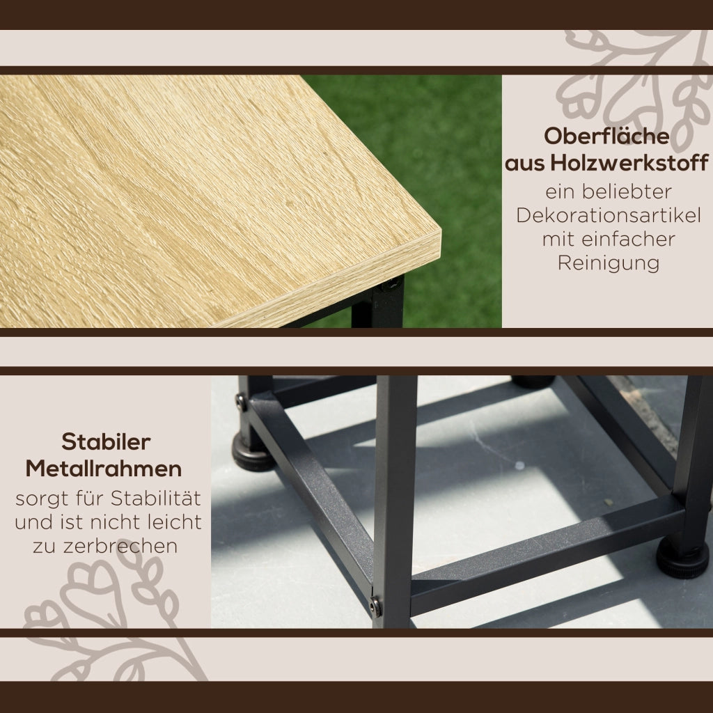 Set di 3 supporti per piante, sgabello e portavaso in acciaio, nero e naturale, per giardino e balcone.