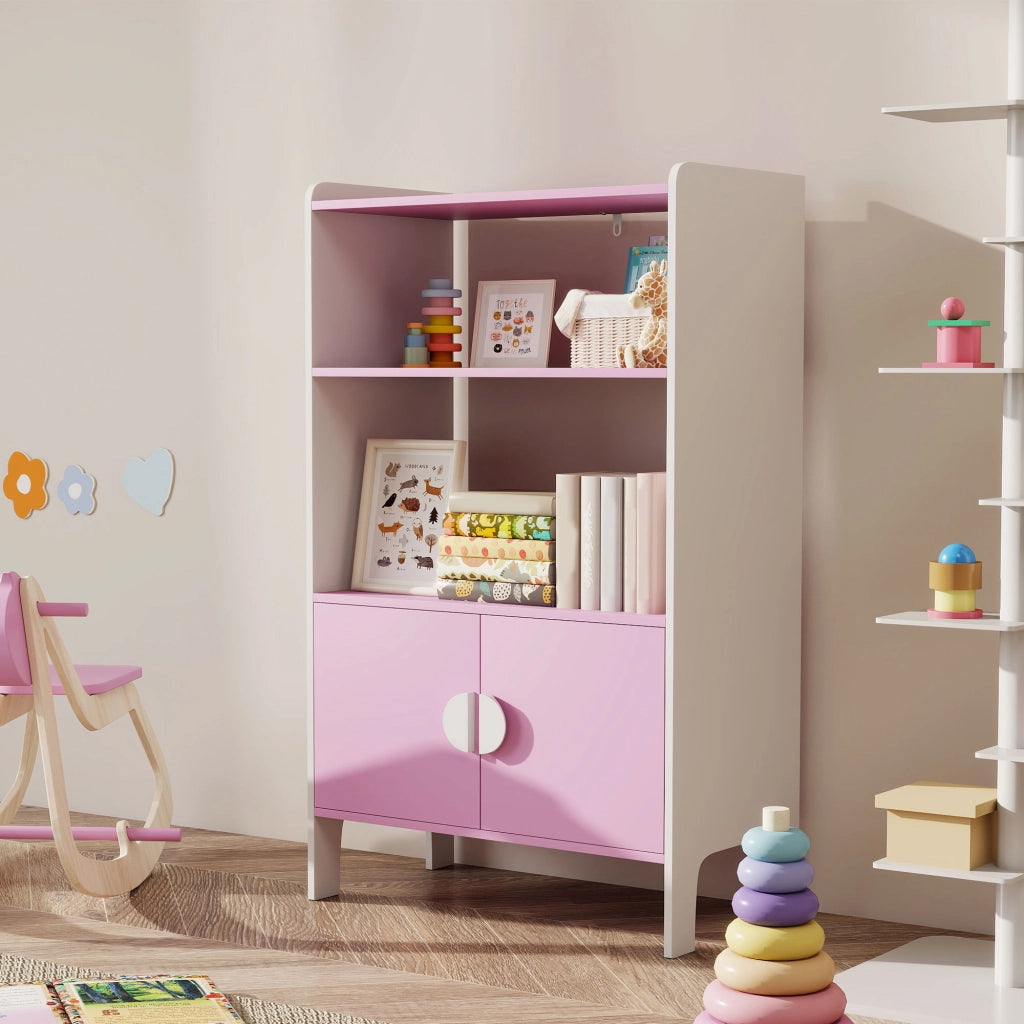 Libreria per bambini ¨C Minimal ¨C rosa e bianco, MDF, con 2 ripiani e 2 ante