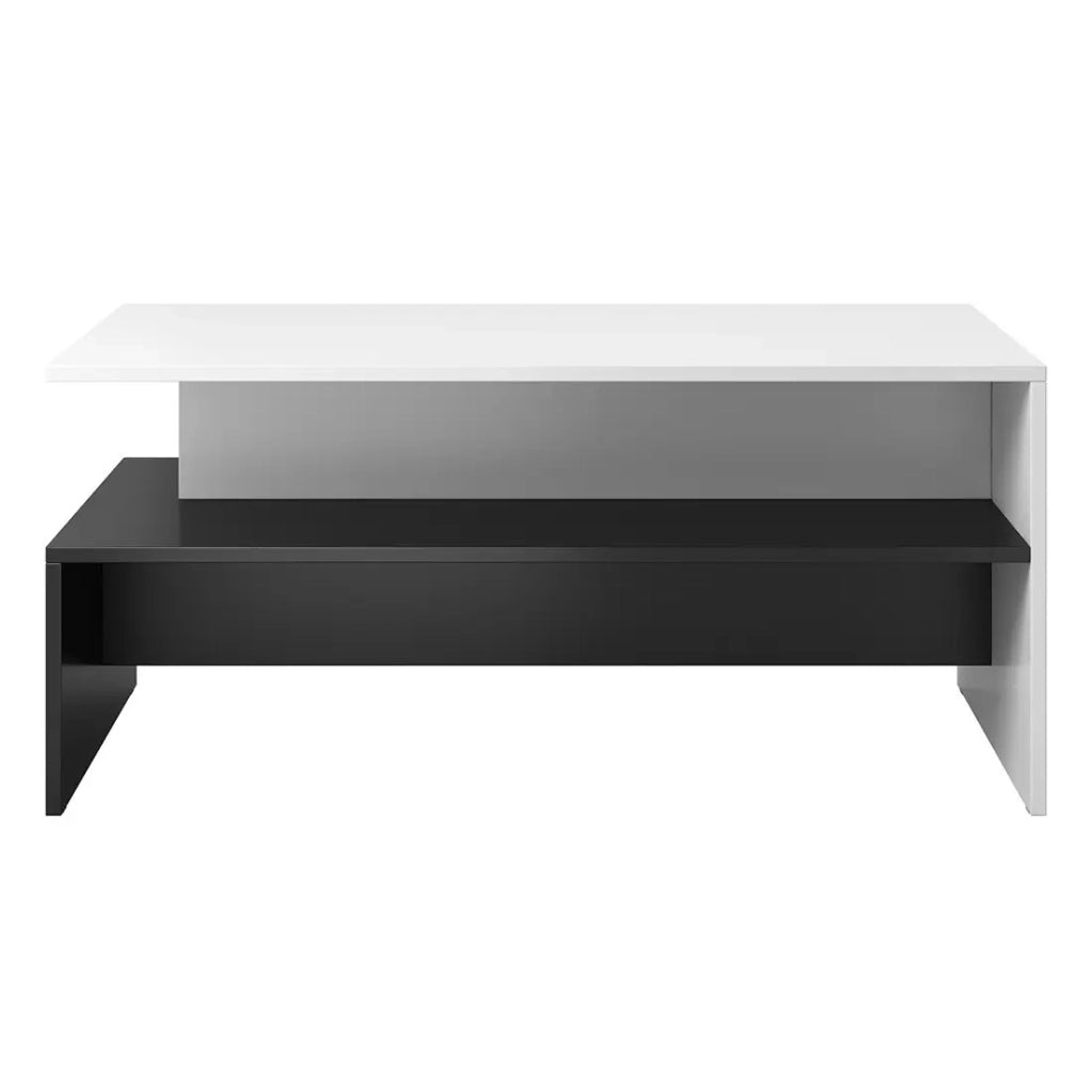 Tavolino basso RAMOS – Colori nero e bianco – Design moderno – Ripiano intermedio e struttura geometrica