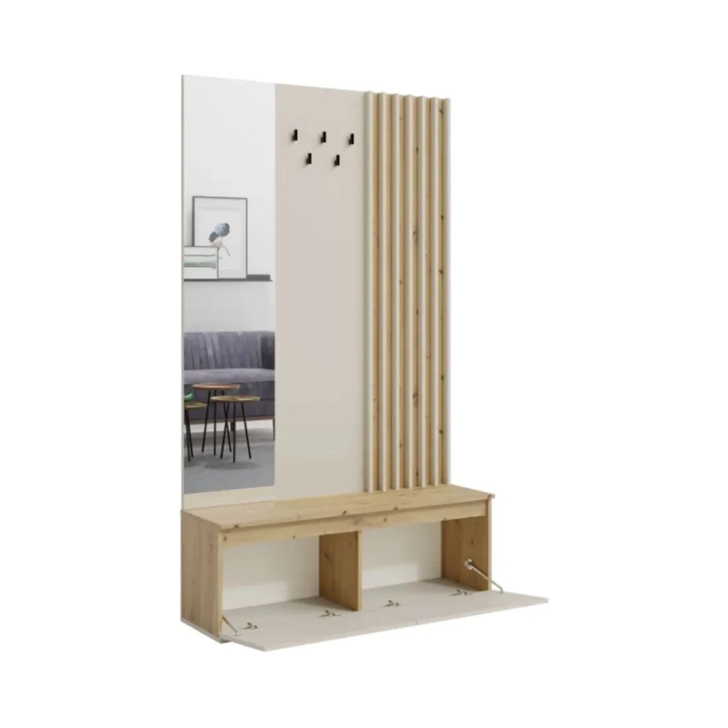 Set mobile da ingresso Mone con appendiabiti, specchio e cassettiera - Rovere chiaro e beige cachemire