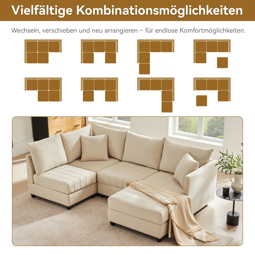 DIVANO Modulare 5 Posti 220x194x85 cm Beige con Pouf Mobile