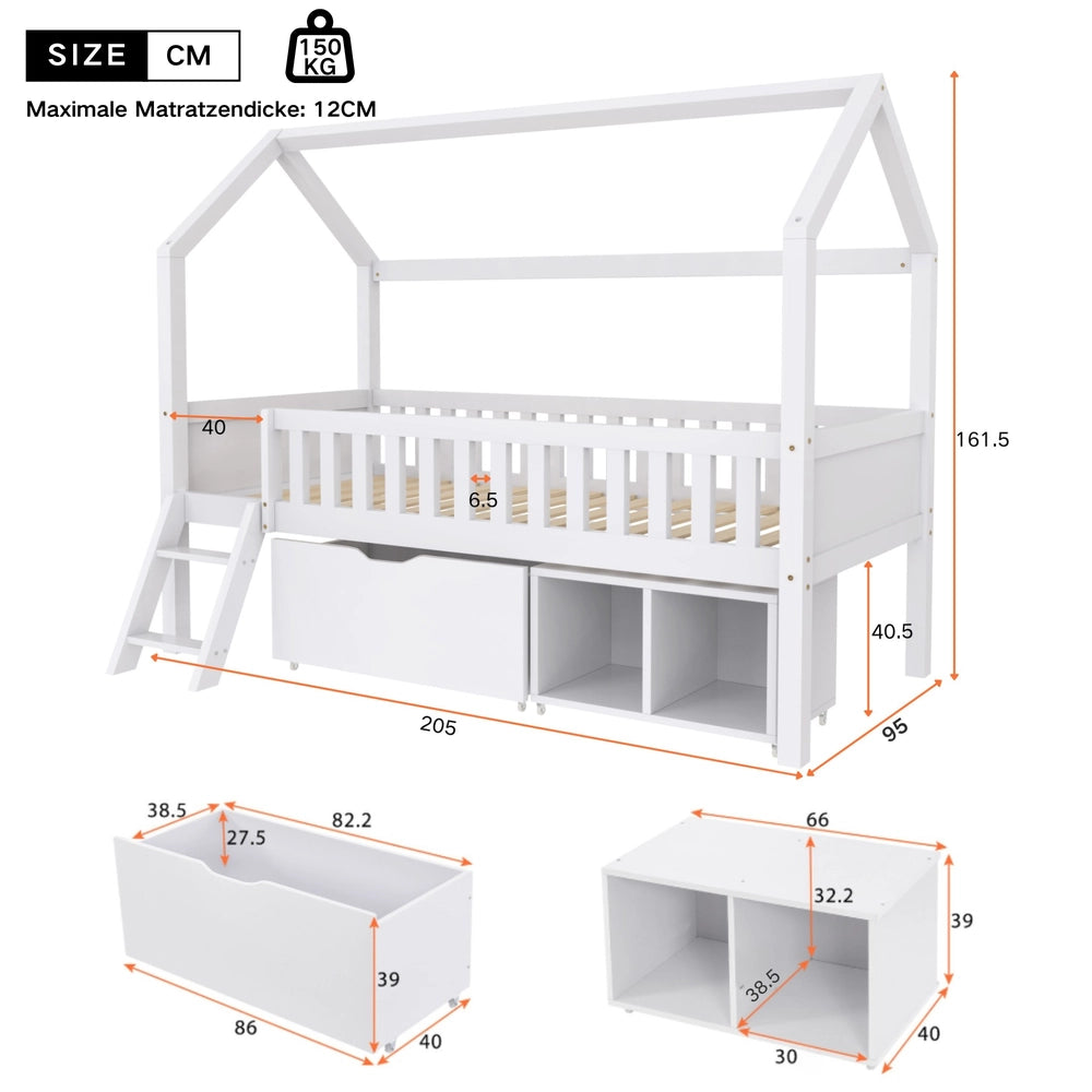 Letto Casetta Bambini 200x90 con Cassetti e Sponde ¨C Xylo ¨C Bianco