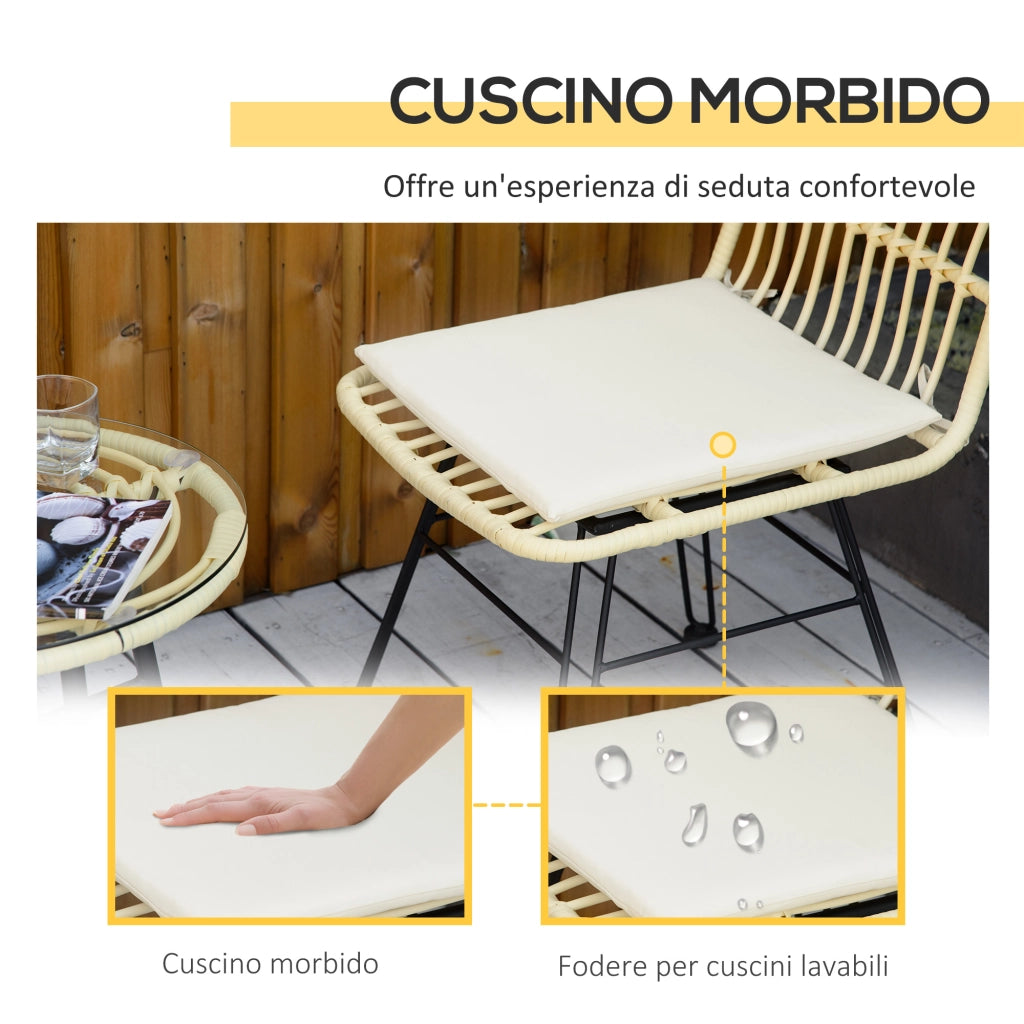 Set Bistr¨° da Giardino 3 Pezzi ¨C Xylo ¨C Rattan PE Tavolino Vetro 2 Sedie Crema Esterno