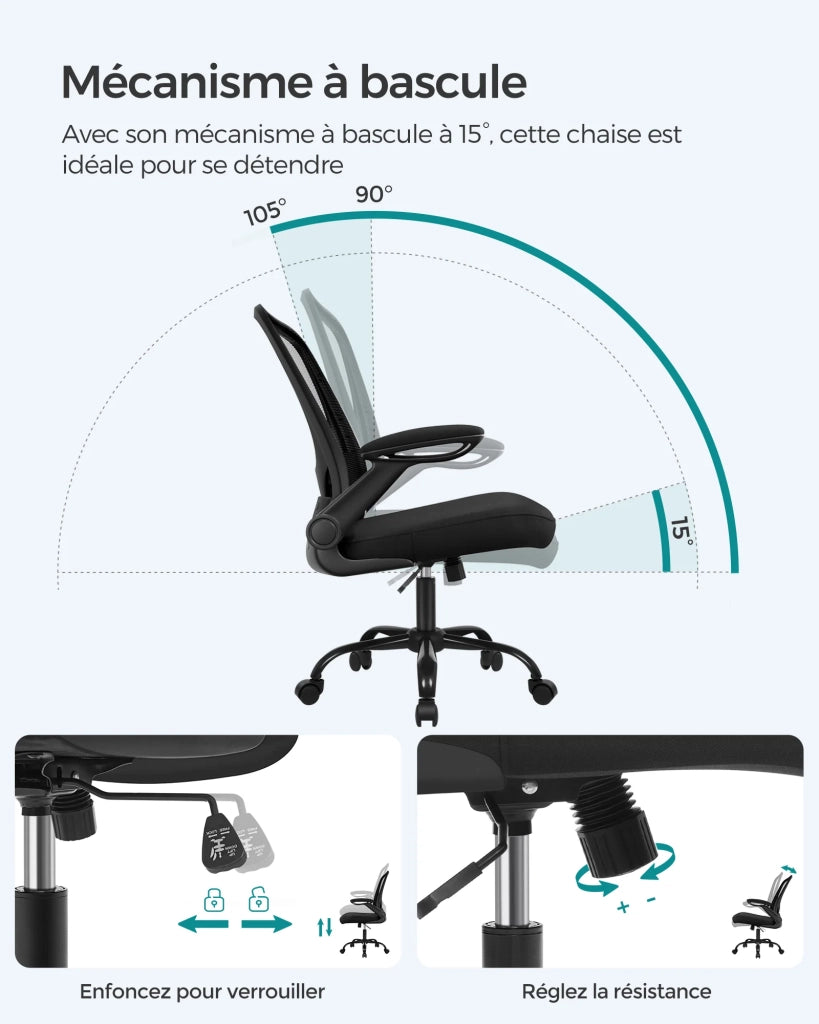 Sedia da ufficio con braccioli pieghevoli sedia da ufficio in tela sedile girevole a 360° supporto lombare regolabile salvaspazio nera 12_0005862