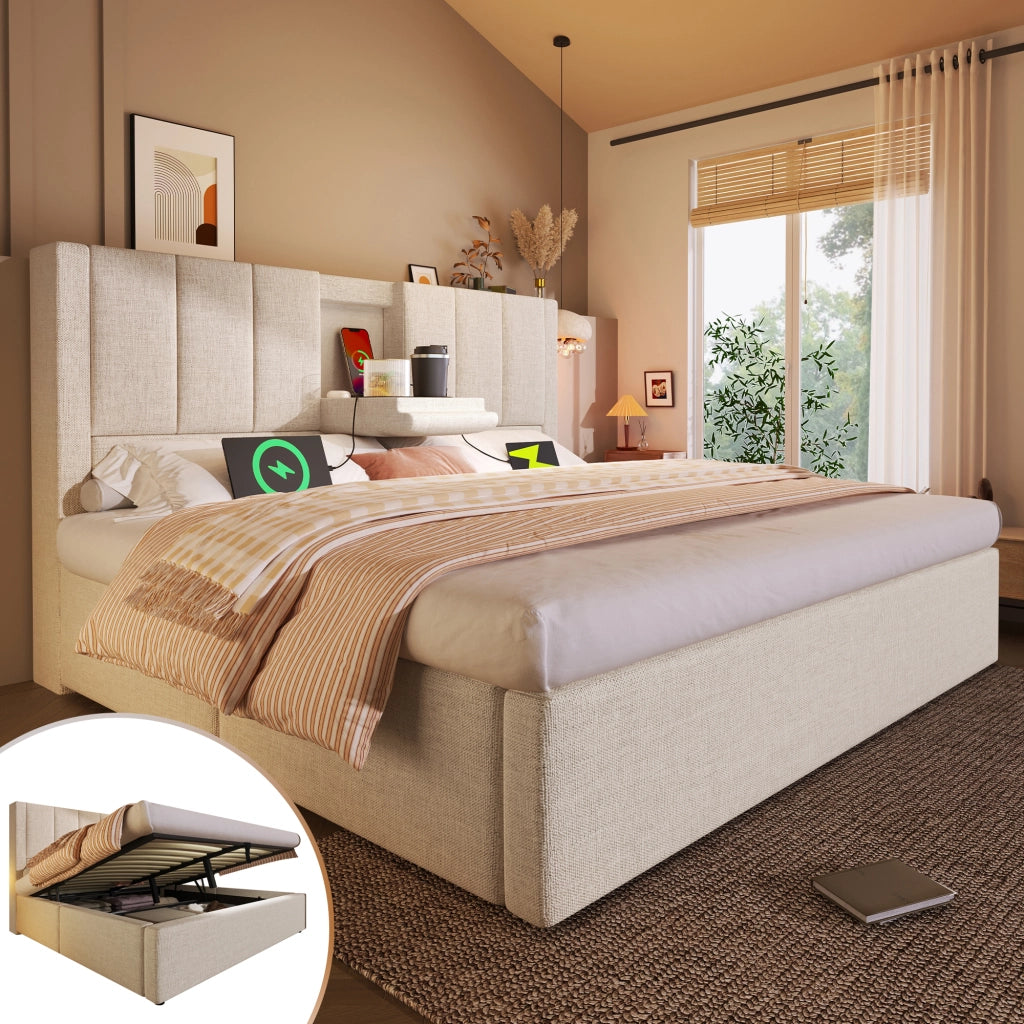 LETTO Contenitore 140x200 cm in lino beige con portabicchieri e USB