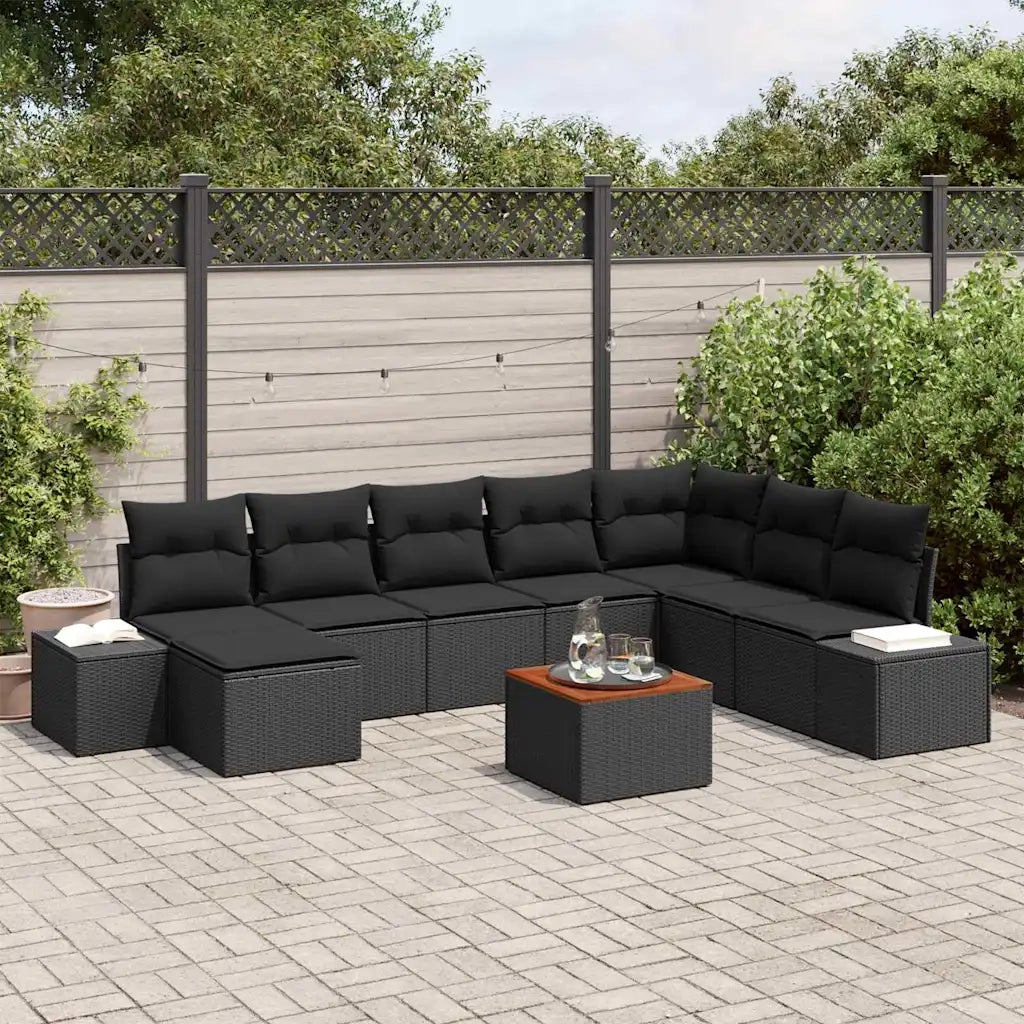 Set Divano da Giardino con cuscino 9 pcs Nero polyrattan