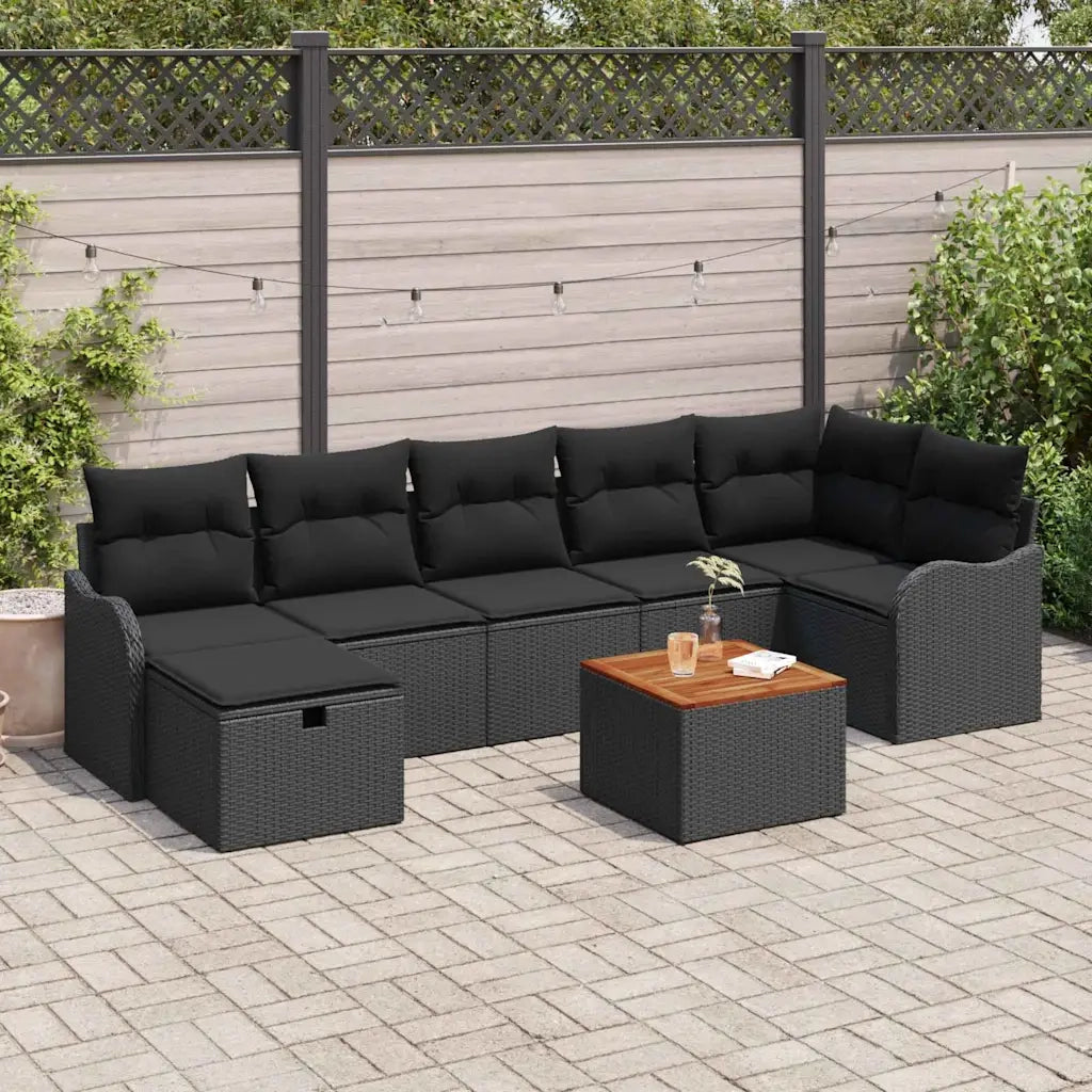 Set Divano da Giardino con cuscino 8 pcs Nero polyrattan