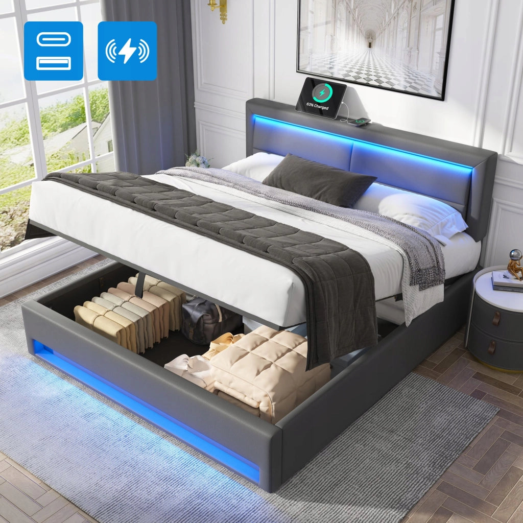 Letto Matrimoniale - Xylo - 140x200cm - Grigio PU - USB LED