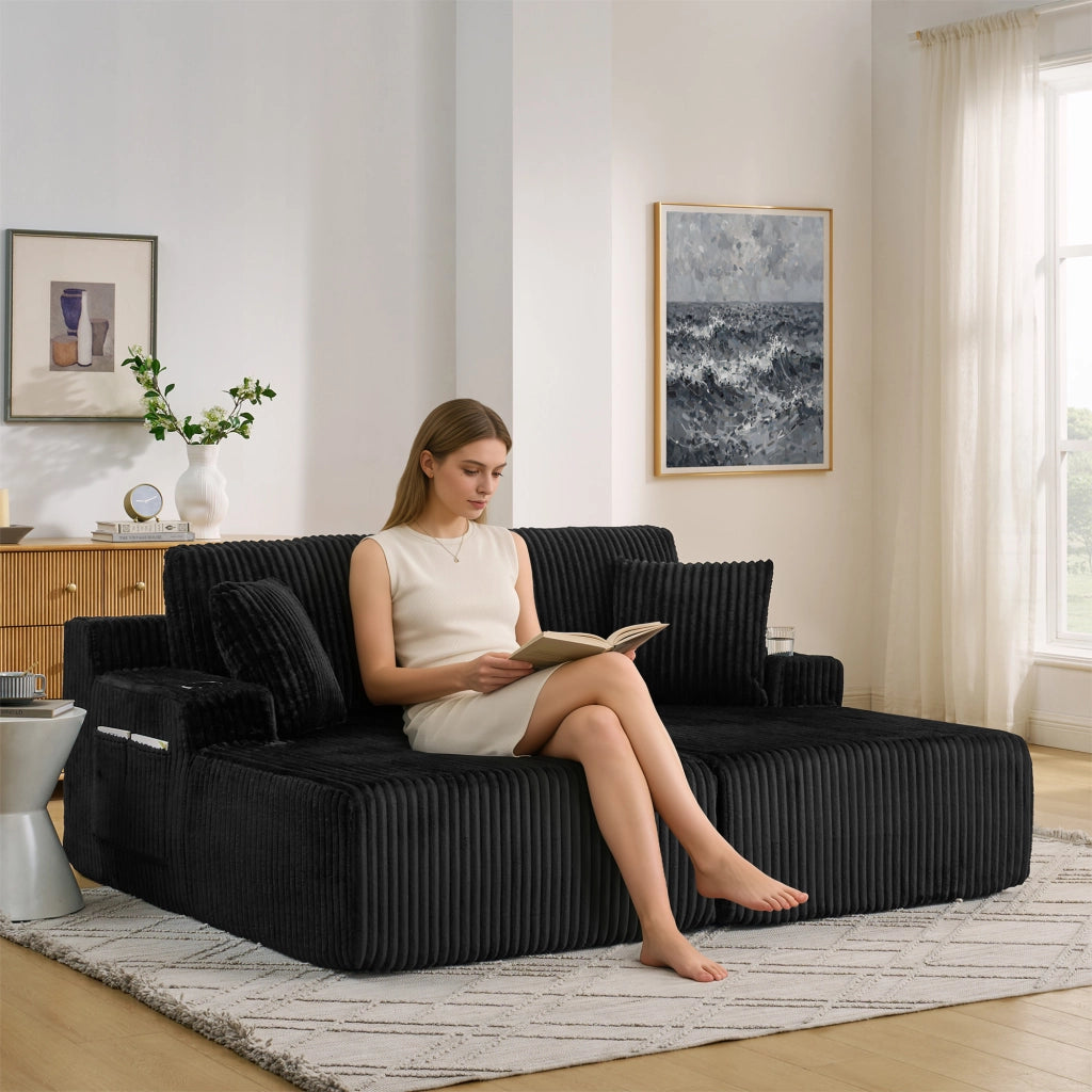 Divano Letto 2 Posti Relax ¨C MINIMAL ¨C Nero, Tessuto a Coste, con Cuscini
