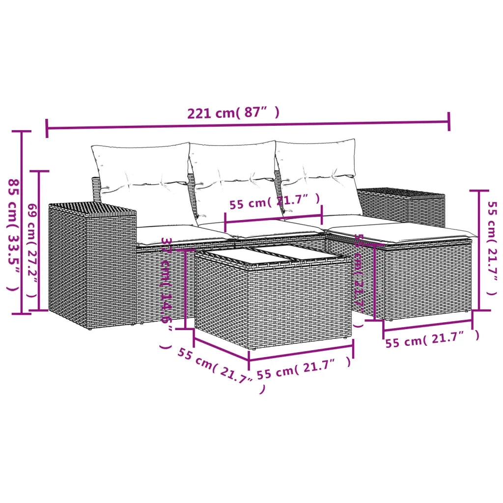 Set Divani da Giardino 5 pz con Cuscini in Polyrattan Nero 3254812