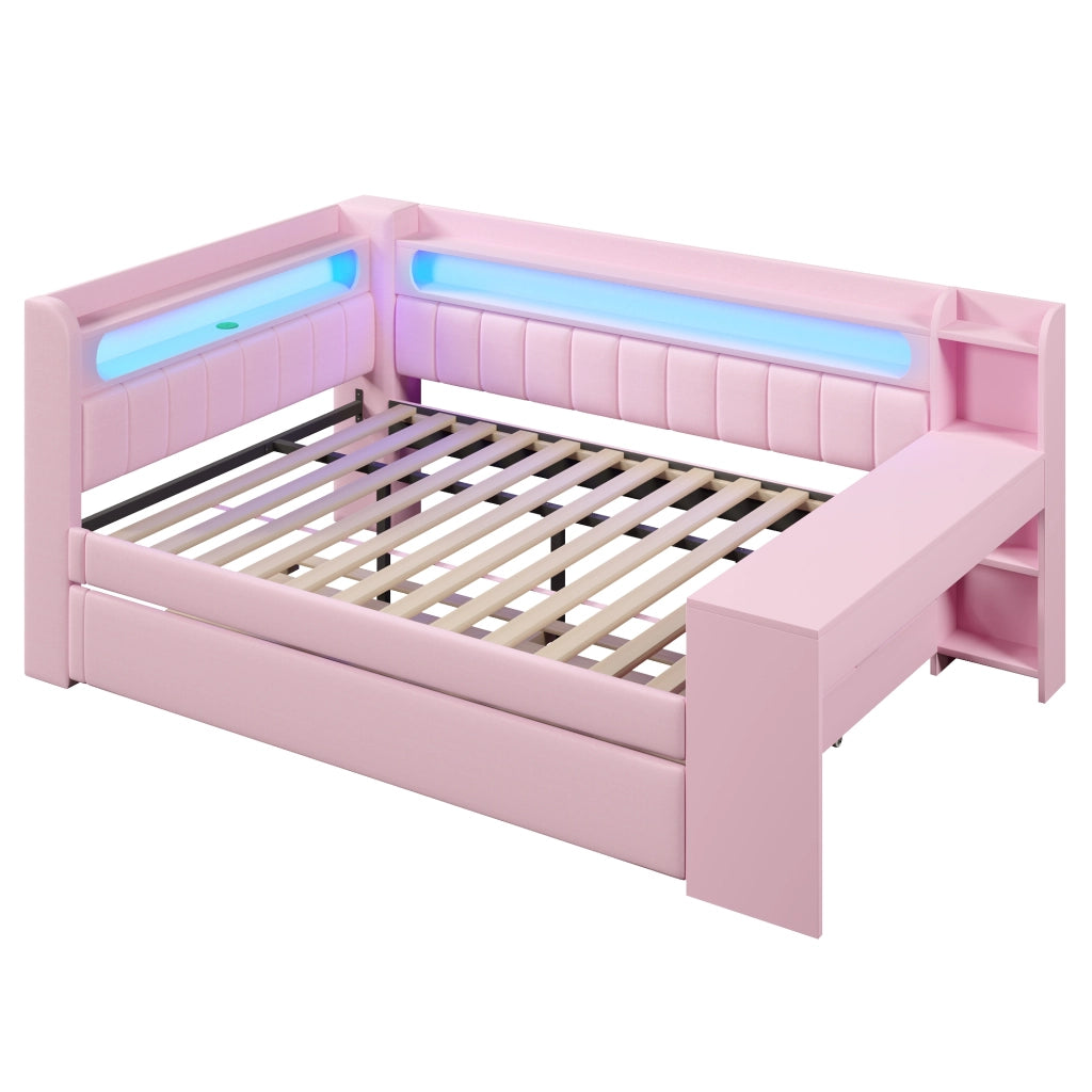 Letto a Divanetto 140x200 cm - USB; LED; con Letto Estraibile e Scrivania - Rosa