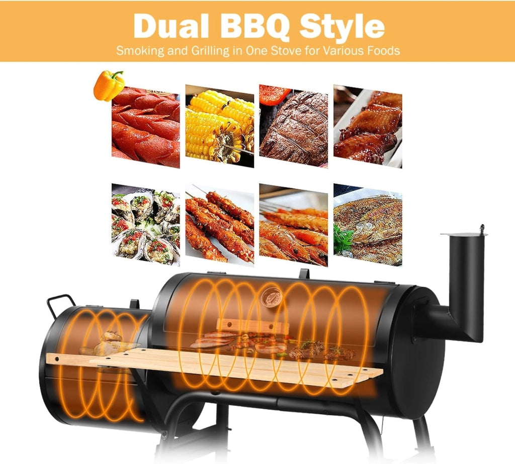 Barbecue a carbone con termometro e ruote, griglia in acciaio con camino, affumicante per esterni, con tavolo laterale e ripiano inferiore, 115 x 65 x 108 cm