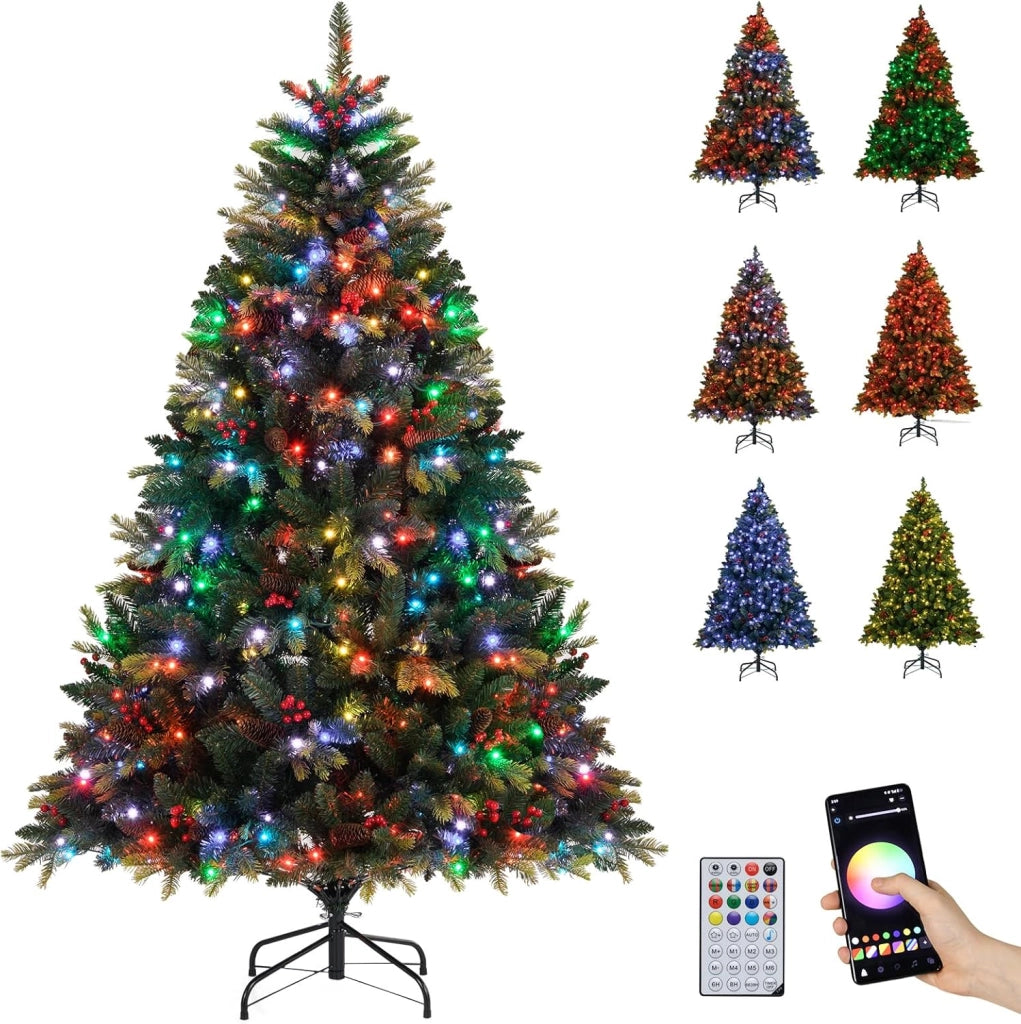 Albero di Natale Artificiale 150/180 cm, con 250/370 Luci RGB Multicolori Controllabili tramite APP, 584/1054 Rami in PE & PVC, 23/41 Pigne e 23/41 Bacche Rosse e Controllo Remoto (180 cm)