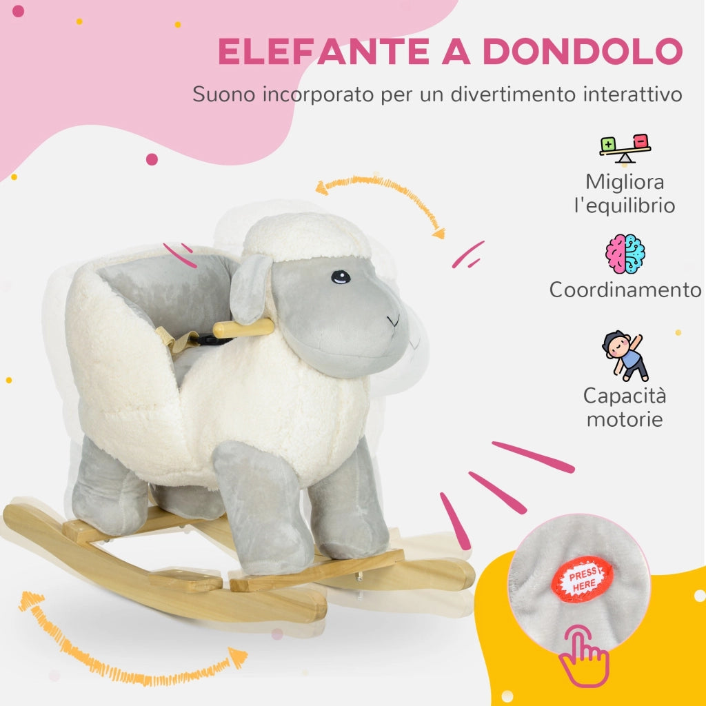 Cavallo a Dondolo per Bambini in Legno e Peluche Pecorella Grigio