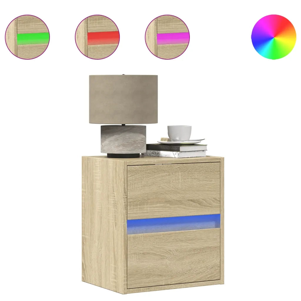 Set di 2 Comodini | Armadio da Notte | Mobiletto da notte a Parete con luci LED Rovere Sonoma