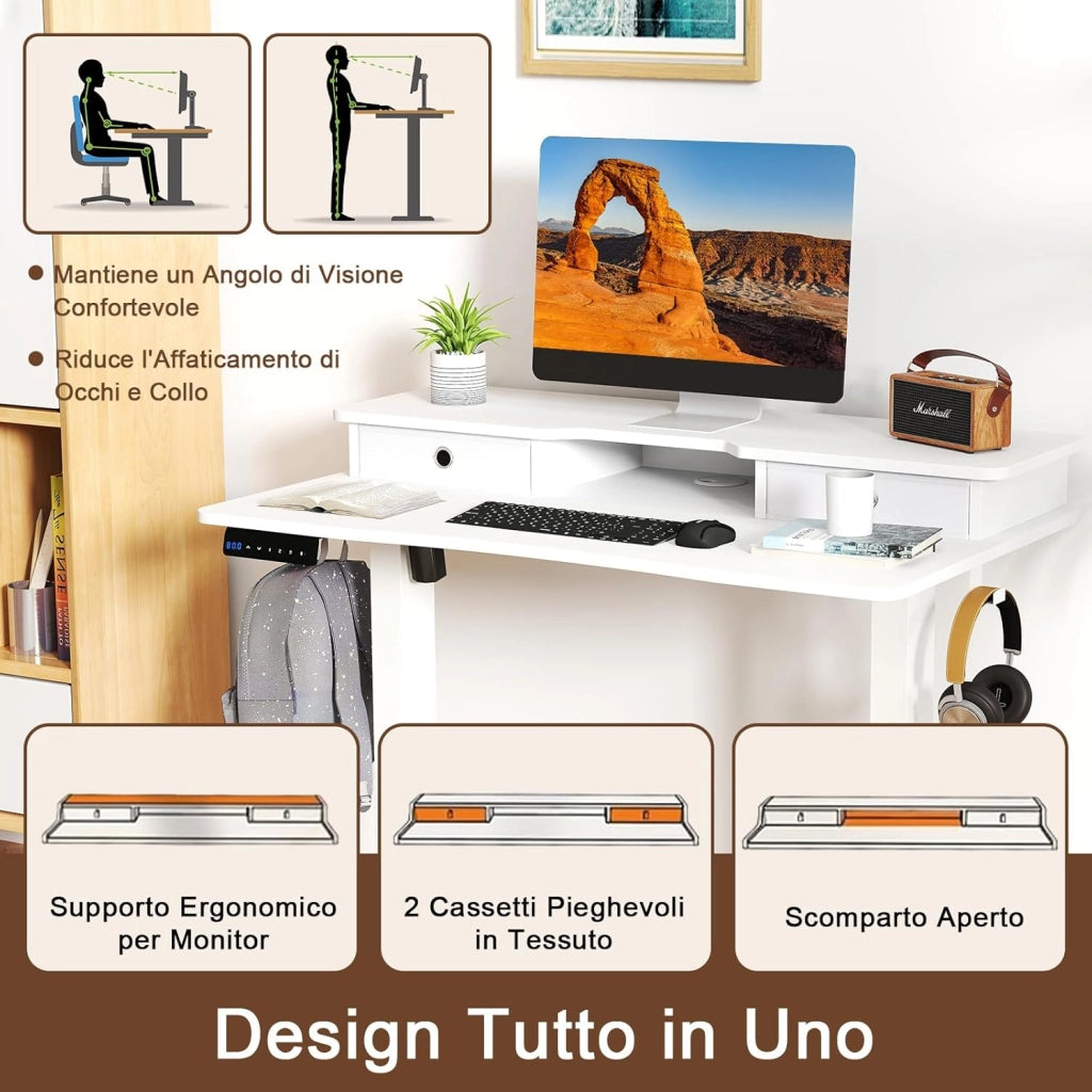 Scrivania Regolabile in Altezza con 2 Cassetti, Scrivania con Supporto per Monitor, Mensola, 2 Ganci e 3 Altezze Preimpostate, Tavolo da Lavoro per Ufficio, Studio e Camera da Letto (Bianco)