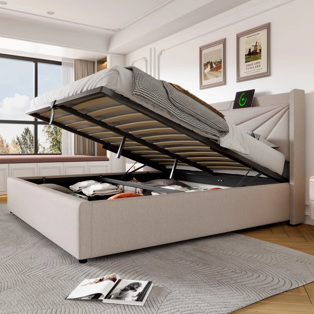 LETTO Contenitore 140x200 cm Beige in Cotone e Lino con USB Type-C