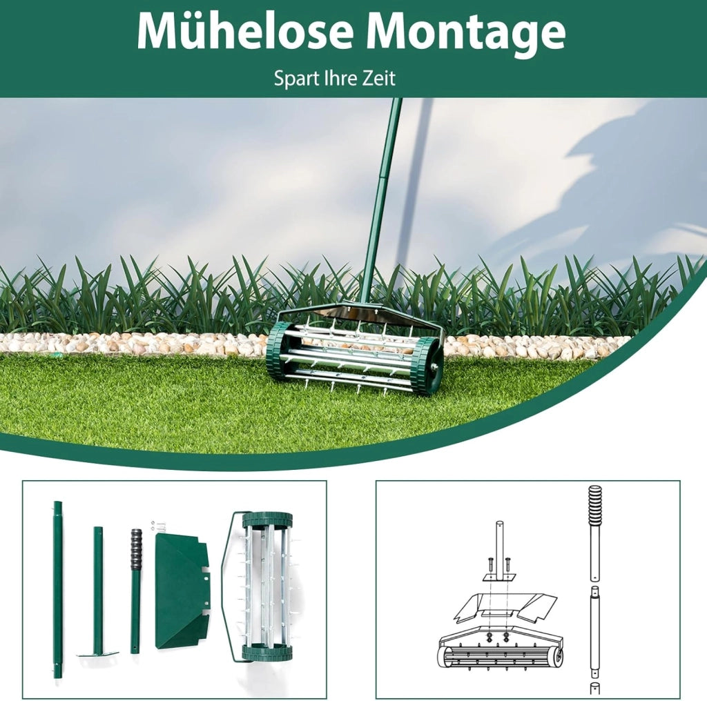 Arieggiatore per Prato a Rullo Manuale, Aeratore con Ruote da Giardino con Chiodi da 3 cm, Scarificatore a Mano in Metallo, Ideale per Prato, Orto e Terreno (46 x 127 cm, con Parafango)