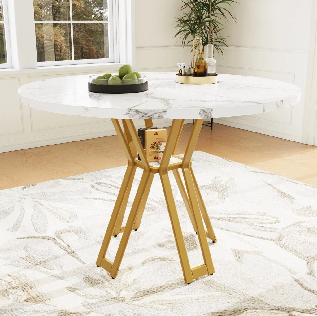 Tavolo da pranzo rotondo 100x100x76 cm in MDF e metallo; bianco e oro