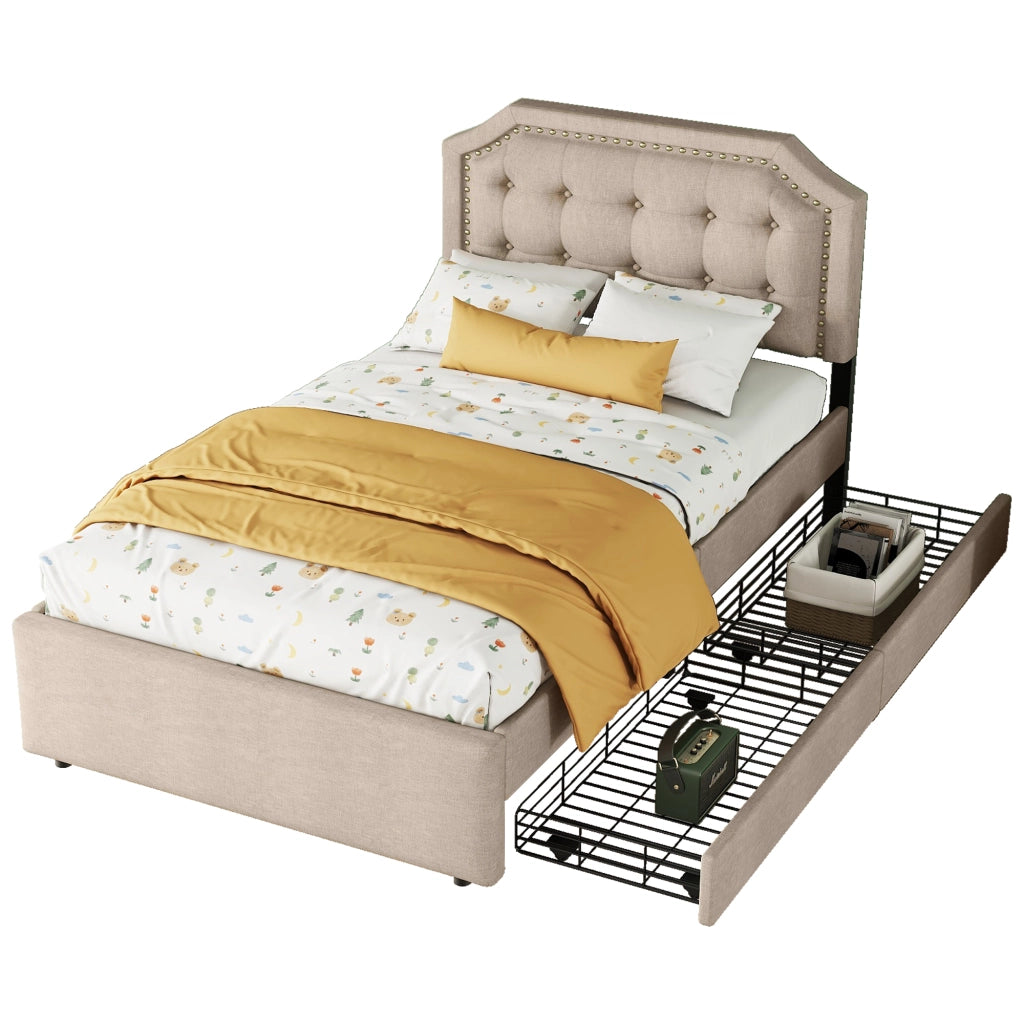 Letto Imbottito con Cassetti ¨C MINIMAL ¨C Singolo 90x200 Beige Scuro